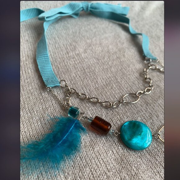 3x35$ 🐿 🍁 CREATION -Short necklace double layers with ribbon attach Aqua brown - Picture 4 of 10